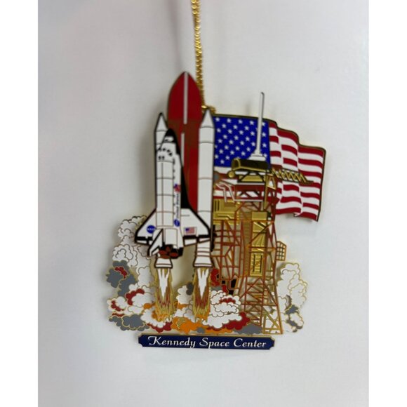 J.P. Kennedy Space Center Solid Brass Ornament With Shuttle & Flag - Picture 2 of 6